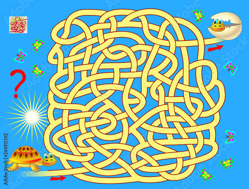 Logical puzzle game with labyrinth for children and adults. Help the turtle find the way till the egg from which has hatched his baby. Printable page for brainteaser book. Vector cartoon image.