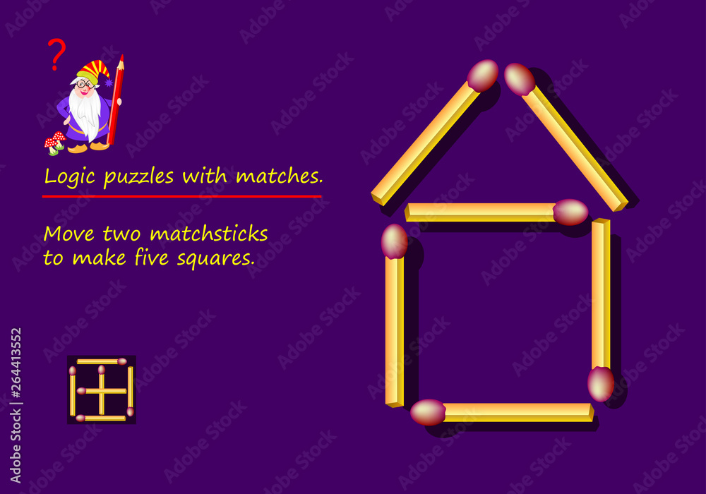 logical puzzle game with matches need to move two matchsticks to make five squares printable page for brainteaser book developing spatial thinking vector image stock vector adobe stock
