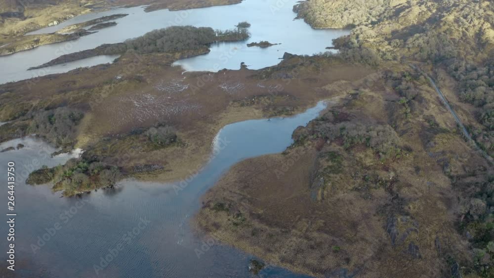 Aerial Forward: Landscape of Chilly Lake on Sunny Day in Kerry, Ireland Aerial Forward: Landscape of Chilly Lake on Sunny Day in Kerry, Ireland