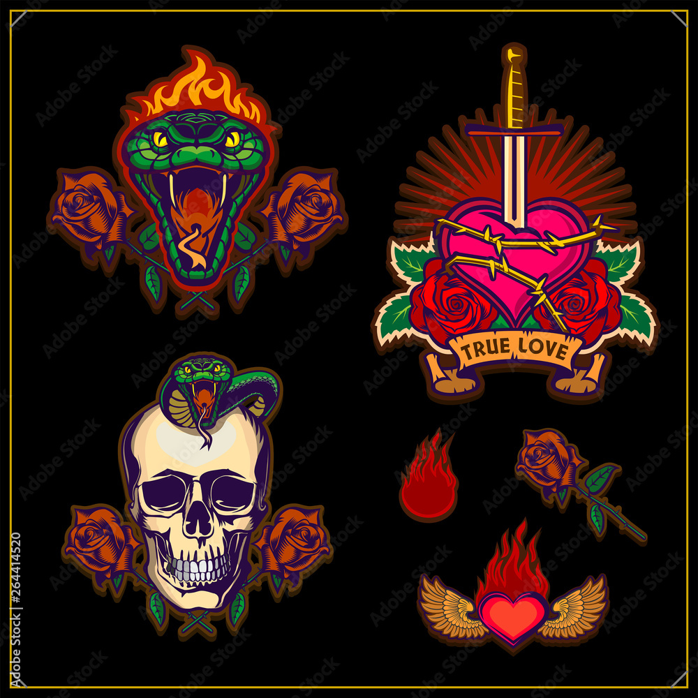 True love is love forever. Emblems with sword, heart, skull and green aggressive serpent with burning head. Vector tattoo design. Design for t-shirt, poster, card and sport club.