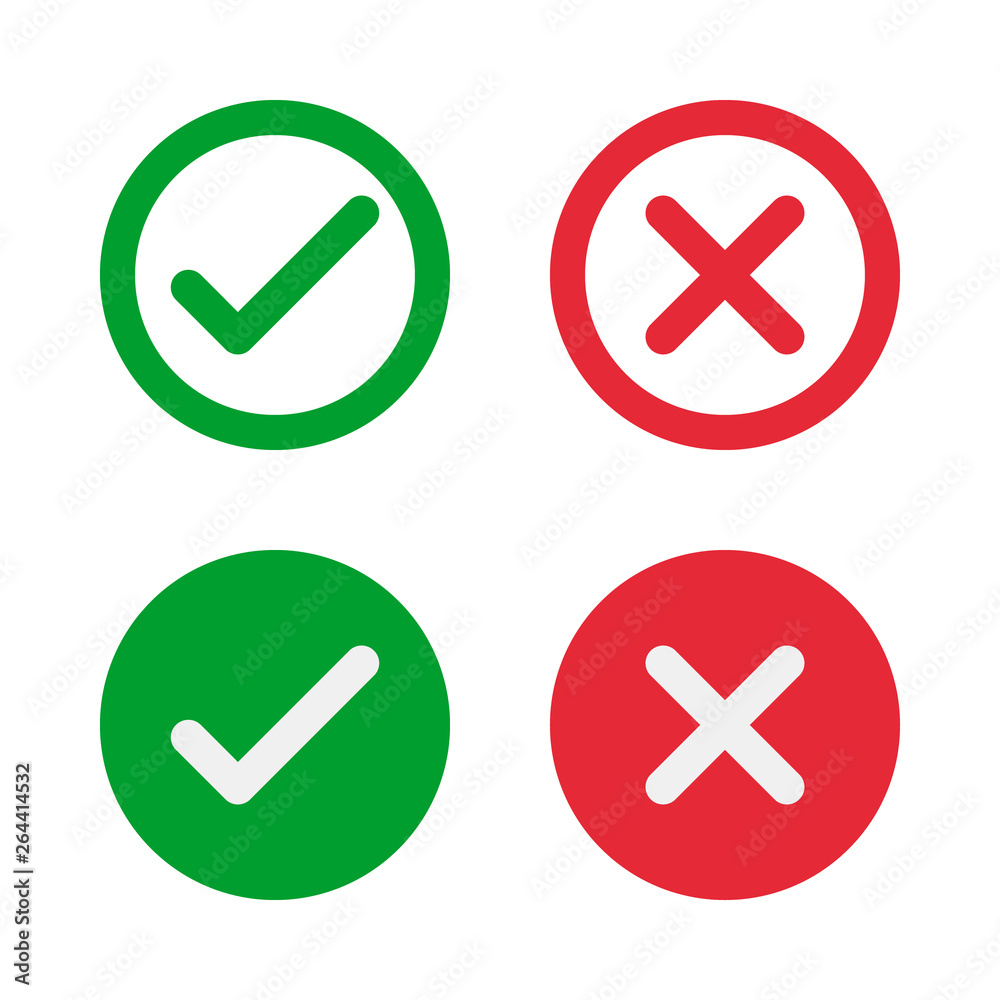 green check and red cross symbols, round vector signs green check and red cross symbols, round vector signs