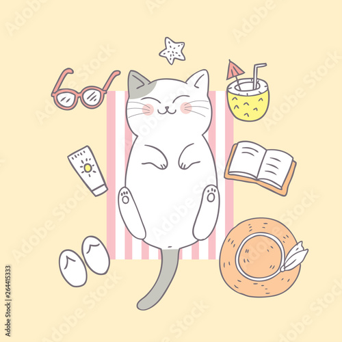 Cartoon cute summer cat on beach vector.