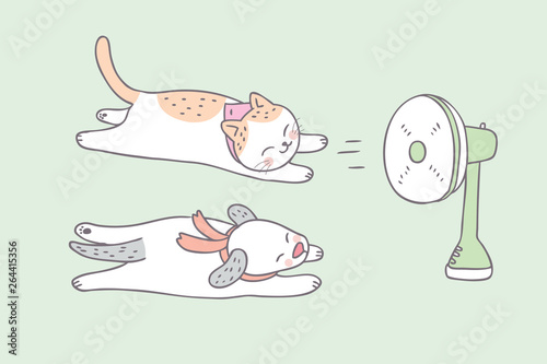 Cartoon cute summer dog and cat vector.