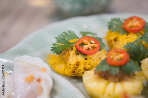 Rhoom or latiang (Minced pork and shrimp wrapped in Egg-net)