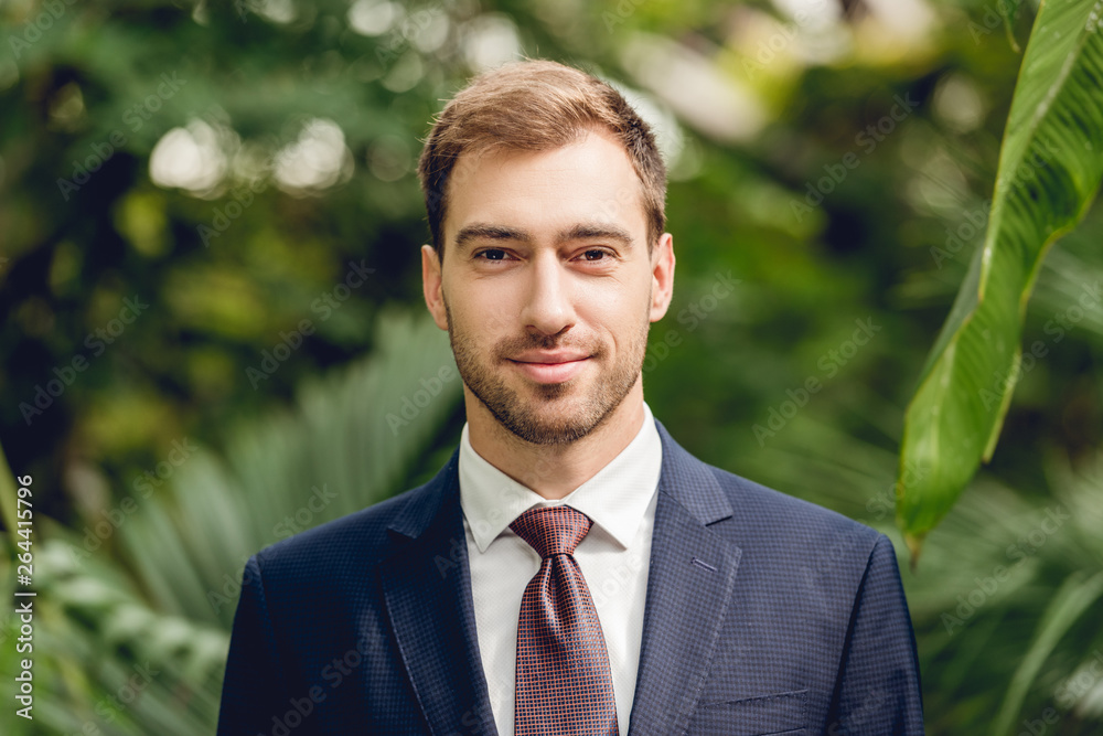 handsome smiling businessman in suit standing in greenhouse handsome smiling businessman in suit standing in greenhouse
