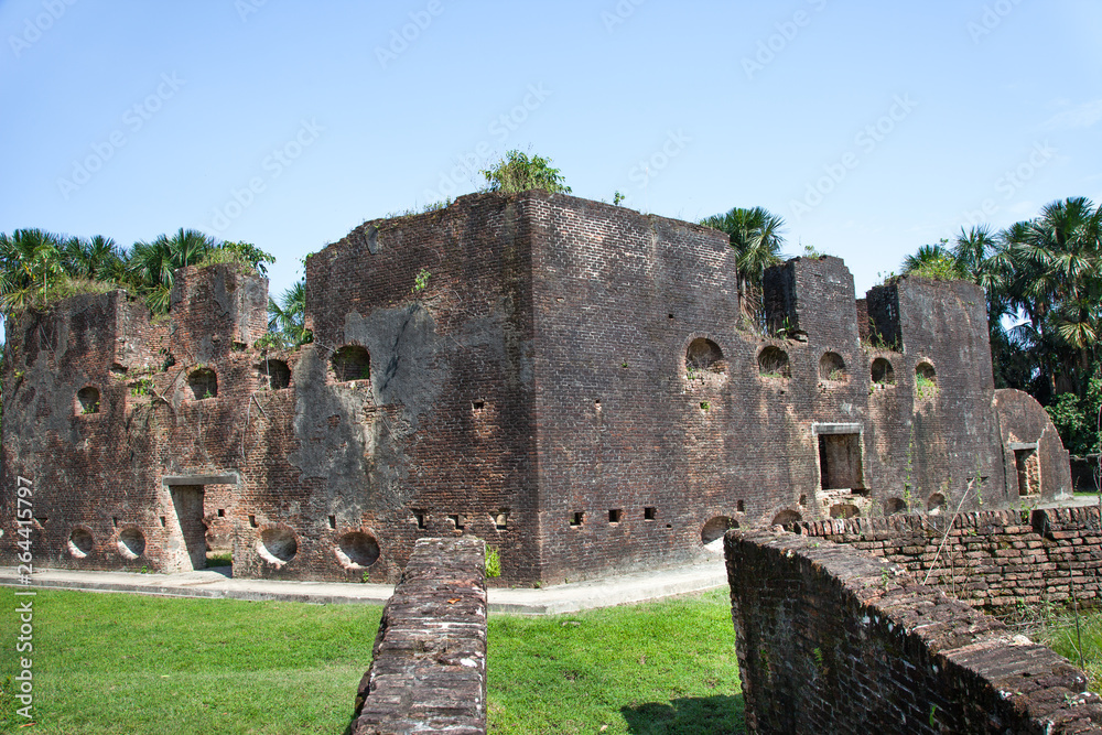 Fortress. Brick walls of Fort Zeelandia, Guyana. Fort Zealand is located on the island of the Essequibo river. The Fort was built in 1743 during the Dutch colonization. World tourism.