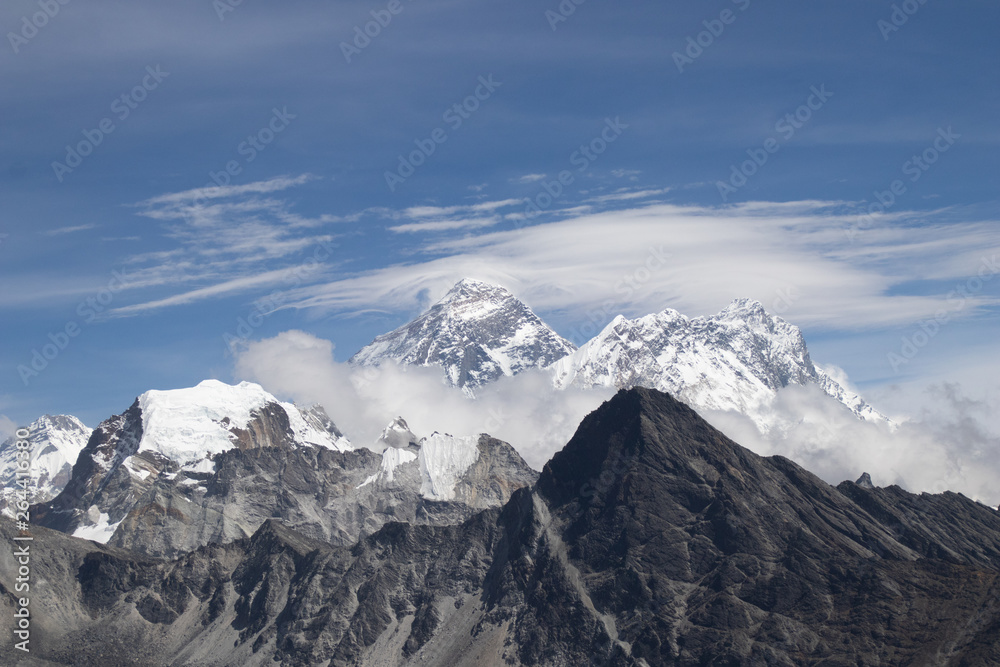 Scenic view of Mount Everest 8,848 m and Lhotse 8,516 m at gokyo ri mountain peak near gokyo lake during everest base camp trekking nepal Scenic view of Mount Everest 8,848 m and Lhotse 8,516 m at gokyo ri mountain peak near gokyo lake during everest base camp trekking nepal