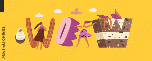 Dessert lettering - Wow - modern flat vector concept digital illustration of temptation font, sweet lettering and girls. Caramel, toffee, biscuit, waffle, cookie, cream and chocolate letters