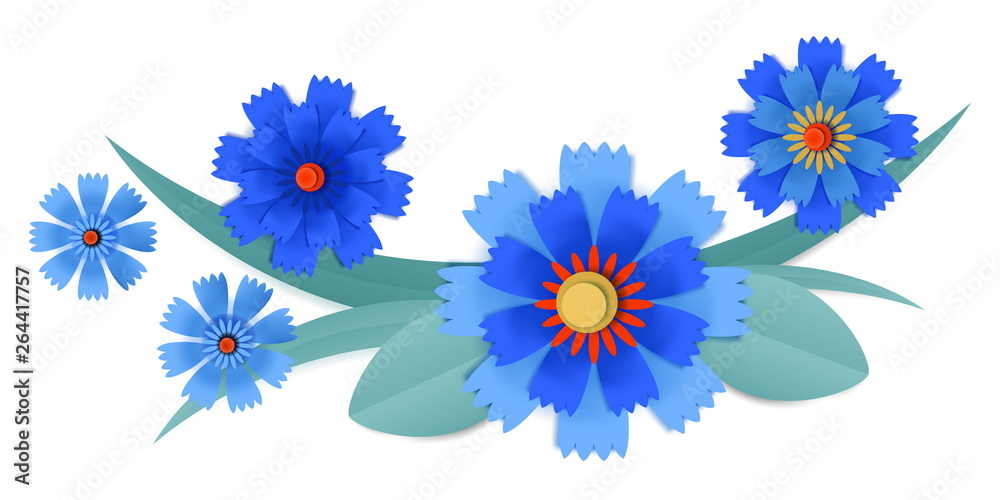 Cut paper cornflowers in vignette