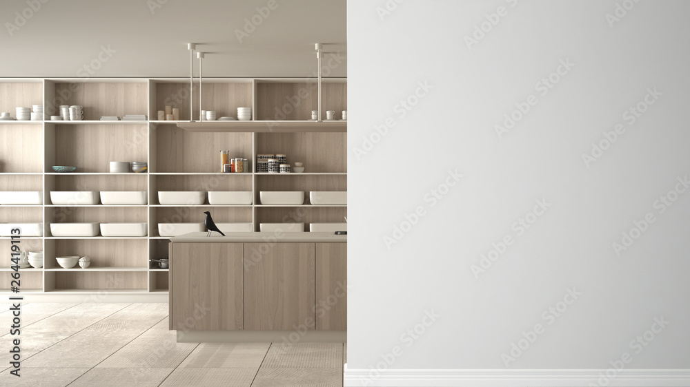 Modern white and wooden kitchen with island and stools on a foreground wall, interior design architecture idea, concept with copy space, blank background Modern white and wooden kitchen with island and stools on a foreground wall, interior design architecture idea, concept with copy space, blank background