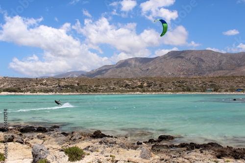 kite surfing on Elafonissi beach, Crete island, Greece.