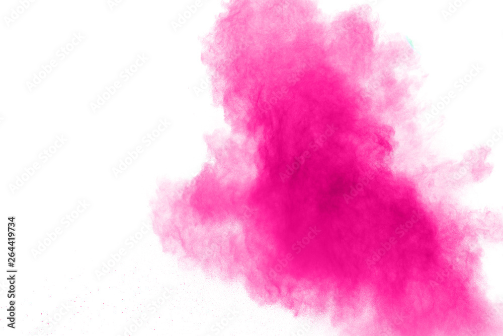 Abstract pink powder explosion on white background. Freeze motion of pink dust splattered. Abstract pink powder explosion on white background. Freeze motion of pink dust splattered.