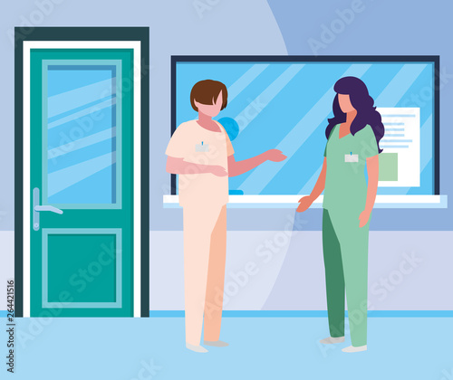 couple medicine workers in hospital reception