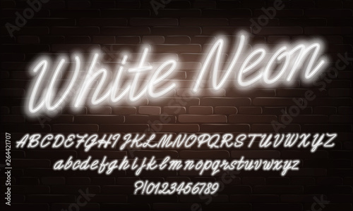 White Neon script alphabet font. Neon color lowercase and uppercase bright letters and numbers. Stock vector typescript for your typography design.
