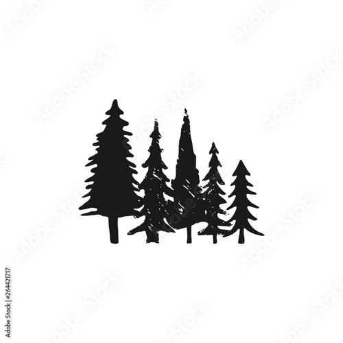 Hand sketched trees set in silhouette monochrome style. Stock pine tree symbol, illustration isolated on white background.