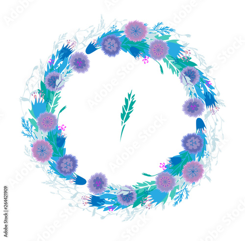 Isolated vector summer field floral circle garland on white background - card template with centaurea, knapweed, harebell flowers and grass