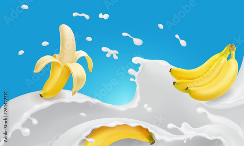 Banana and flavored milk splash or yogurt. Realistic illustration. 3d vector