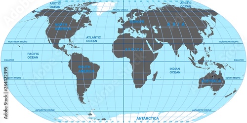 Vector map of the world. Oceans and continents on a flat projection. photo