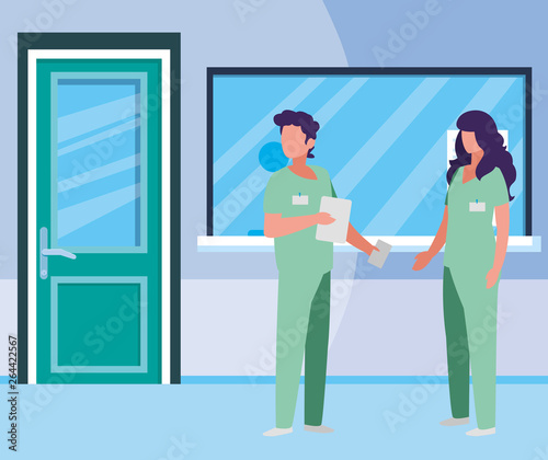 couple medicine workers in hospital reception