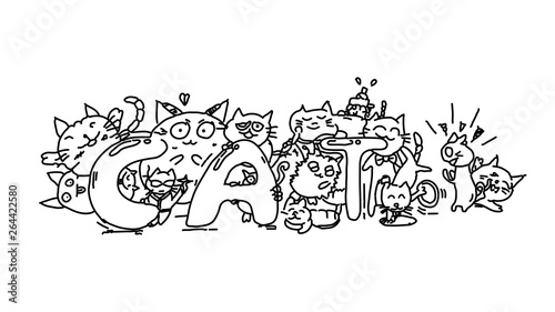 Doodles cat characters, carnival party, cute animal cartoon, black line and white background, cat lover cover book template vector illustration