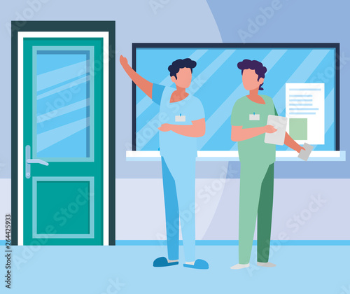 male medicine workers in hospital reception