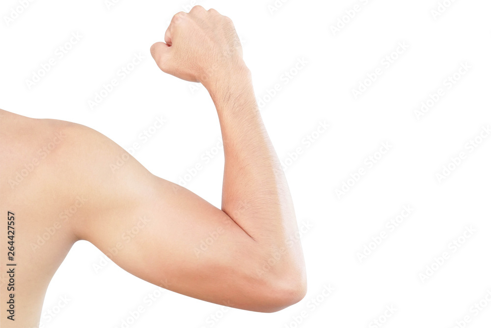 Asian man show back arm with muscle isolated on white background, health care and medical concept Asian man show back arm with muscle isolated on white background, health care and medical concept