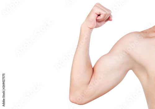 Asian man show arm with bicep isolated on white background, health care and medical concept