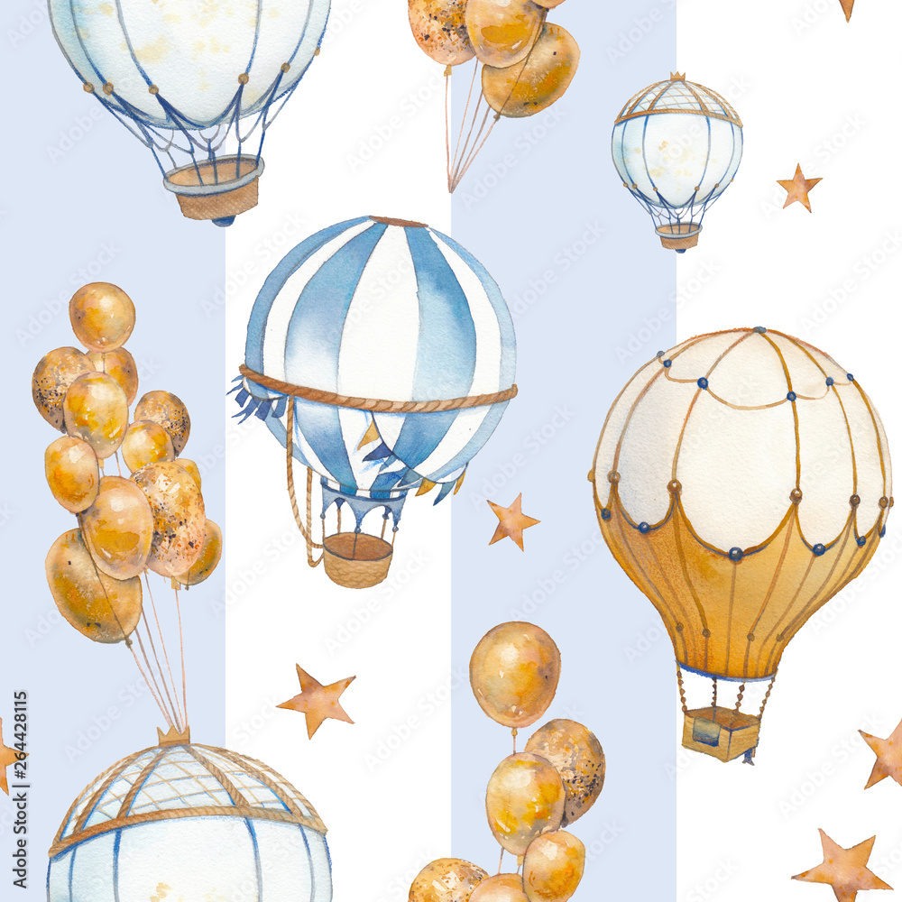 Watercolor seamless pattern with air balloon and stars. Hand drawn vintage collage illustration with hot air balloon, flag garlands, pastel stripes and stars.