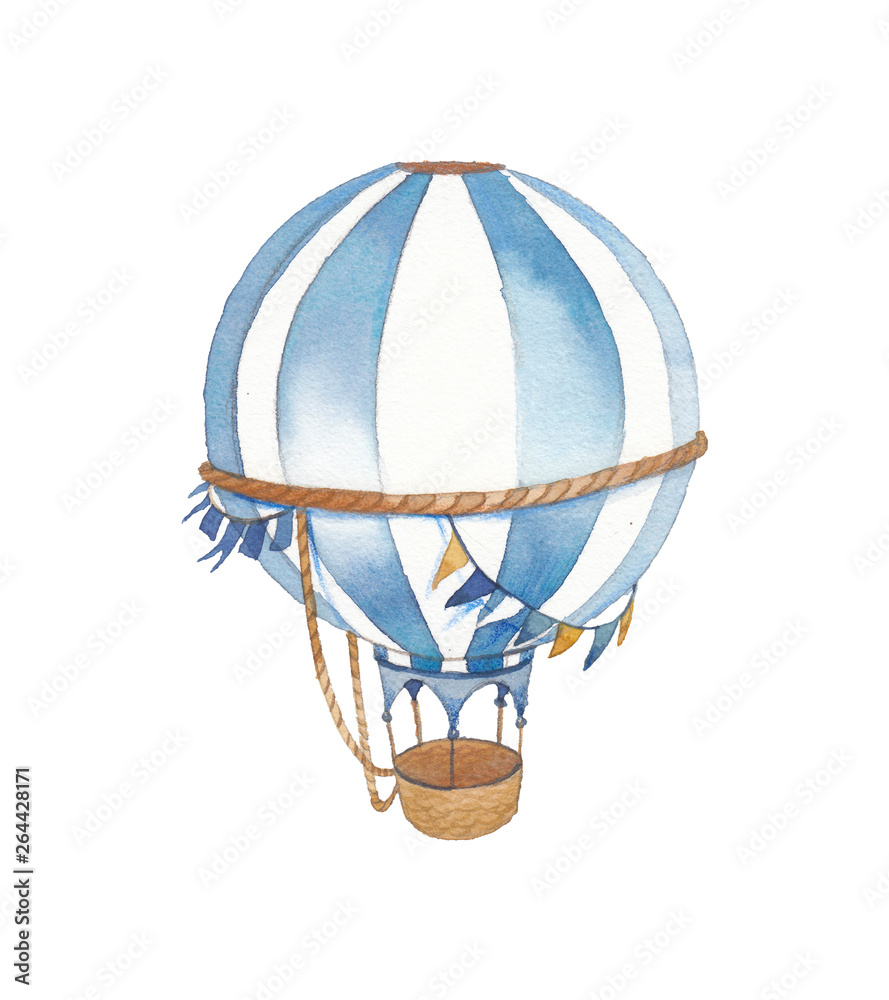 Watercolor festive illustration. Hand painted vintage flags garlands, hot air  balloon isolated on white background. Baby boy greeting card Stock  Illustration | Adobe Stock