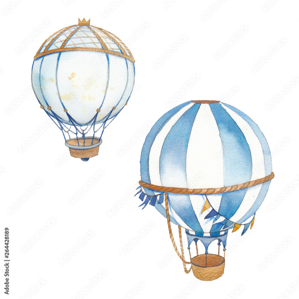 Mix media illustration set of hot air ballons. Hand painted objects isolated on white background. Baby boy retro clip art - obrazy, fototapety, plakaty 