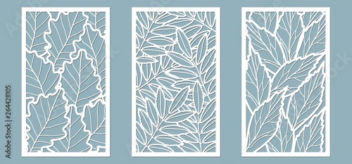 Set. Leaves, Oak, Rowan, ash. Templates in the form of rectangle. Abstract rectangle. Vector illustration of a laser cutting. Plotter cutting and screen printing.