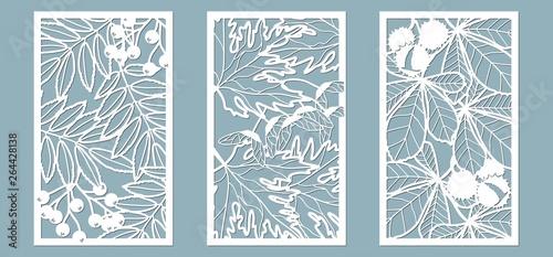 Set. Leaves, Maple, Rowan, chestnut, berries, seeds. Templates in the form of rectangle. Abstract rectangle. Vector illustration of a laser cutting. Plotter cutting and screen printing.