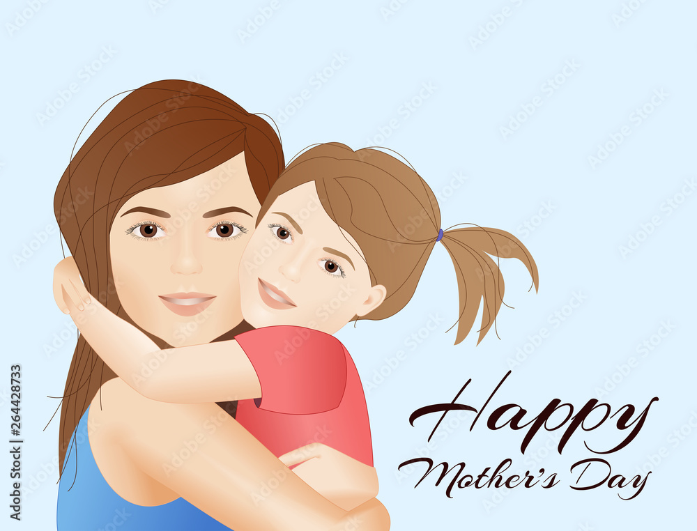 Happy Mothers Day card with mother holding child, daughter hugging mom,  cartoon vector illustration Stock Vector | Adobe Stock