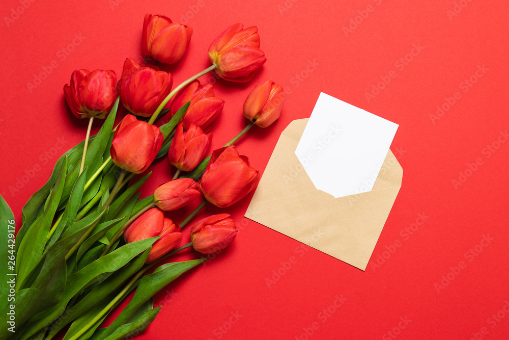 Minimalist card mockup with red tulips, flower, craft envelope