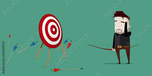 Man is distressed because not one arrow hits the target: goal not achieved