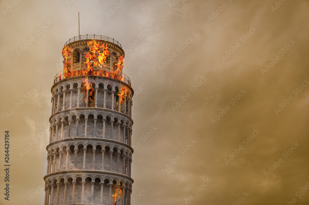The Pisa leaning tower in a concept image to represent the fire risk and the emergency operation in case of fire.
