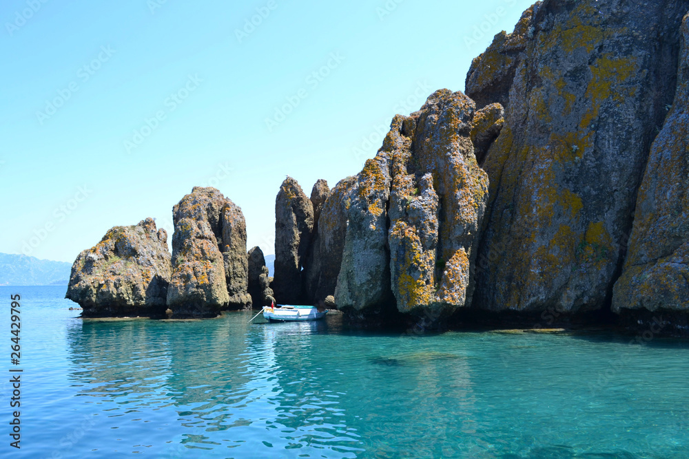 View the stone islands in the Aegean Sea Turkey Greece, rocky coastline deserted near Icmeler Marmaris summer holiday trip Panorama landscape View the stone islands in the Aegean Sea Turkey Greece, rocky coastline deserted near Icmeler Marmaris summer holiday trip Panorama landscape