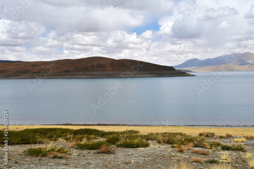 Great lakes of Tibet. Lake Rakshas Tal (Langa-TSO) in summer in cloudy day