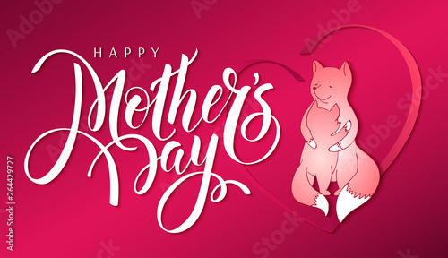 Happy Mother's Day - white hand drawn lettering on horizontal greeting card, banner, poster. Paper cut out cartoon hugging mother fox with little fox in heart on red background - vector illustration.