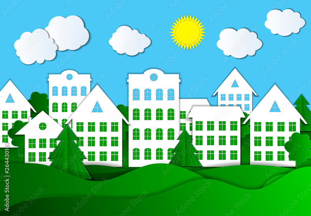 Vector Colorful Illustration of Eco Town, Bright Green Grass and Blue Sky, Paper Background.