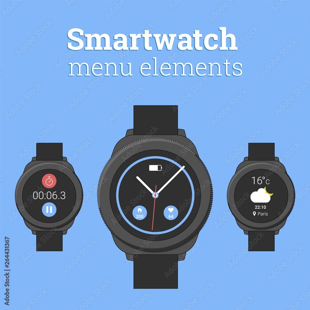 Smartwatch menu elements. Modern smartwatch in round design with icons