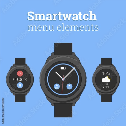 Smartwatch menu elements. Modern smartwatch in round design with icons of weather forecast and stopwatch. Menu elements for smartwatch interface.