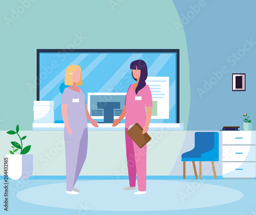 female medicine workers in hospital reception