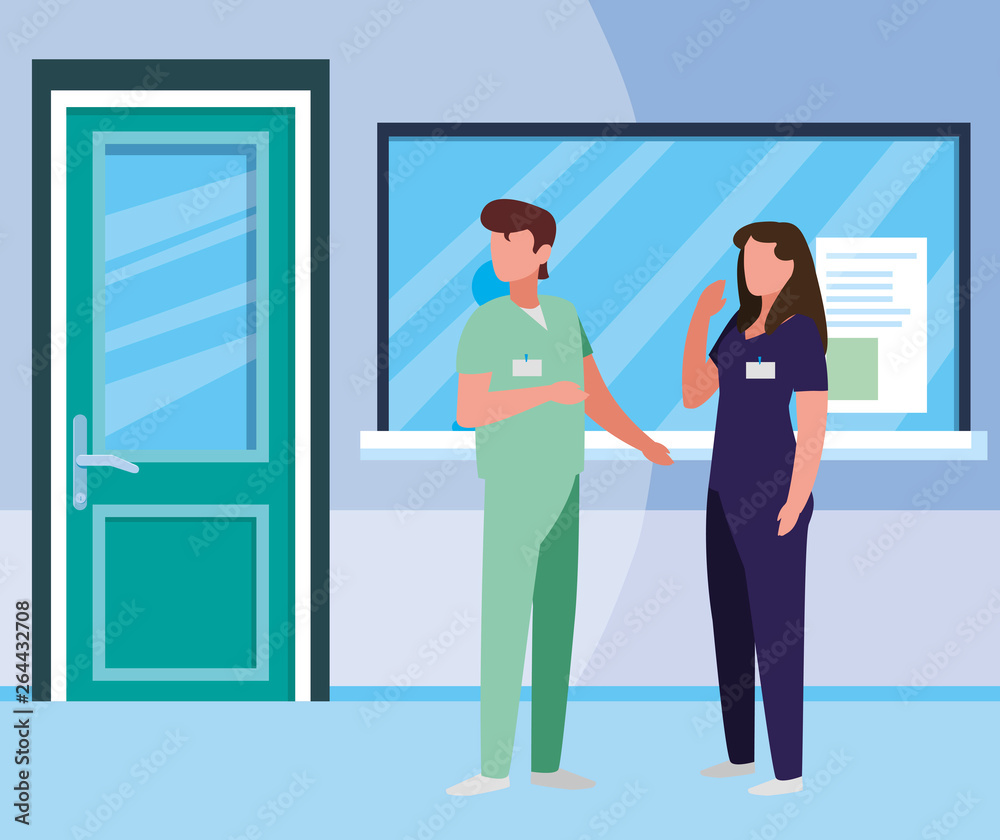 Obraz premium couple medicine workers in hospital reception