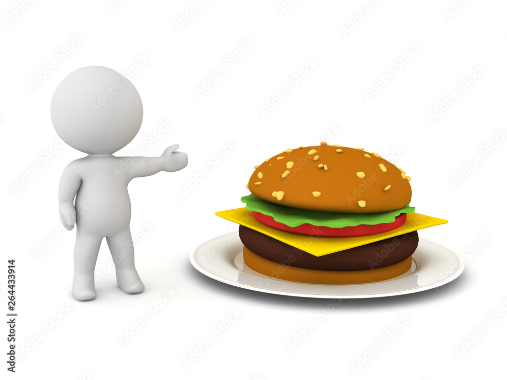 3D Character showing a hamburger on a plate 3D Character showing a hamburger on a plate