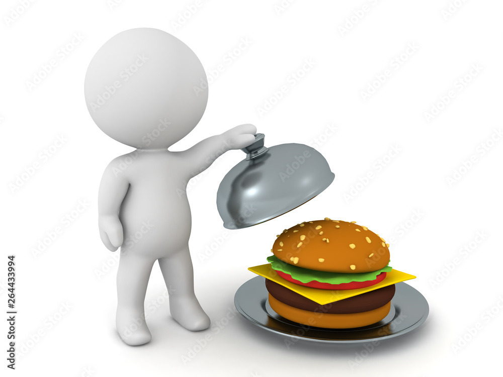 3D Character presenting hamburger in stainless steel cloche 3D Character presenting hamburger in stainless steel cloche