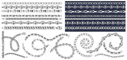 Set of brush patterns with retro hand-drawn sketch chain on dark background. Drawing engraving texture. Great design for fashion, textile, decorative frame, yacht style card.
