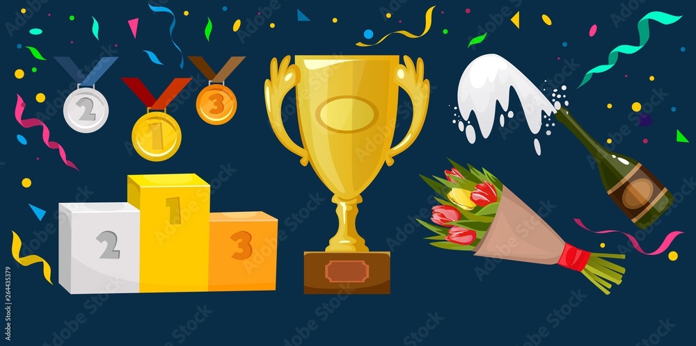 Trophy elements vector collection. Medals, flowers, winner cup, award winning podium (pedestal), champagne, confetti and ribbons isolated on blue background. Trophy elements vector collection. Medals, flowers, winner cup, award winning podium (pedestal), champagne, confetti and ribbons isolated on blue background.