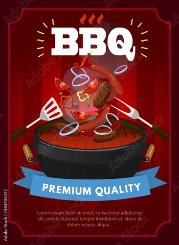 BBQ party design template with barbecue equipment, grilled sausages, steaks and vegetables. Colorful bbq design template. Vector illustration