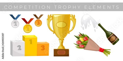 Trophy elements vector collection. Medals, flowers, winner cup, award winning podium (pedestal) and champagne isolated on white background.
